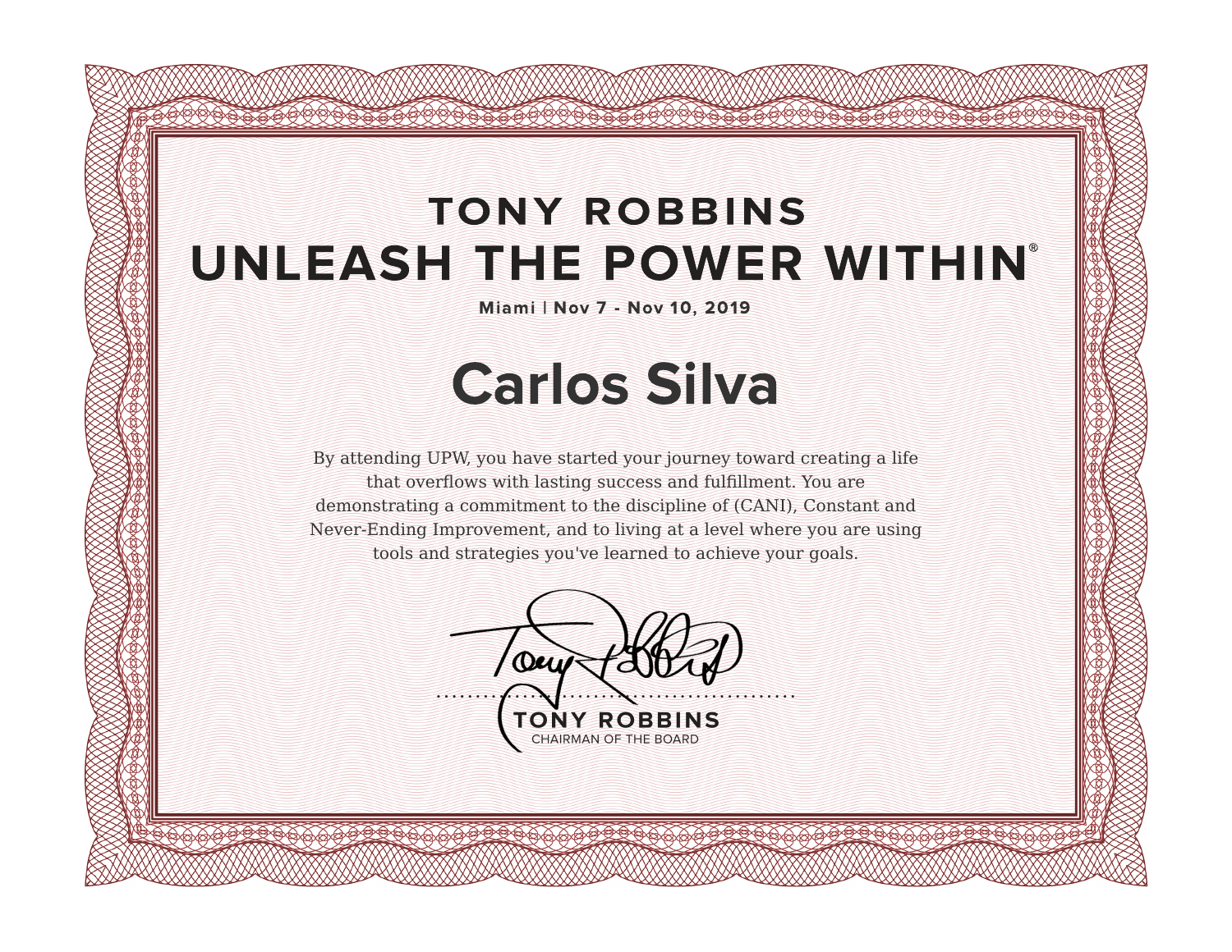 Tony Robbins Unleash the Power Within certificate of attendance for Carlos Silva